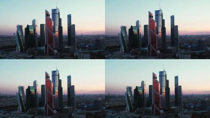 俄罗斯莫斯科市中心的空中傍晚城市景观