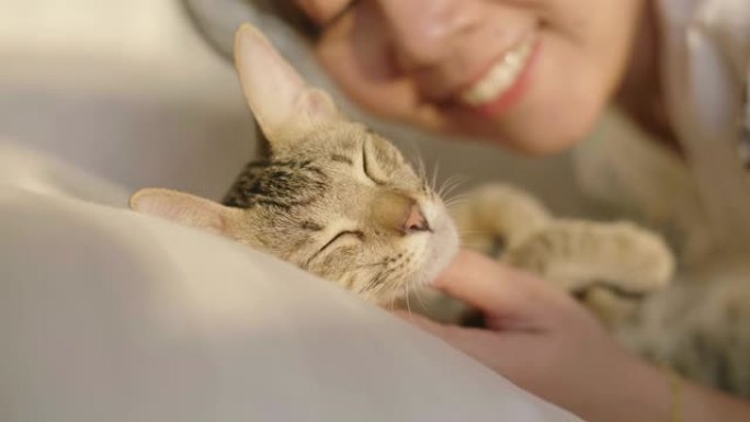 年轻女子在卧室的白色床上亲吻她的宠物小猫。