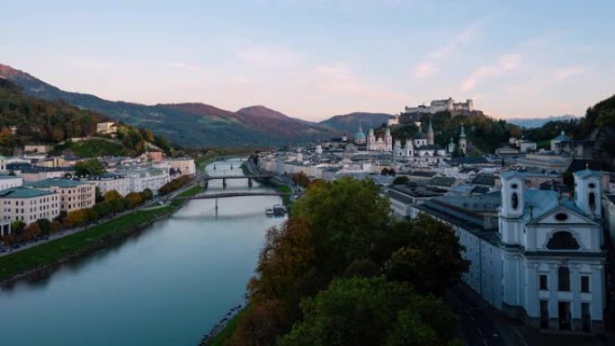 4k分辨率从白天到晚上的延时，萨尔茨堡是欧洲奥地利最著名的旅游城市之一。有霍恩萨尔茨堡、萨尔察赫河和