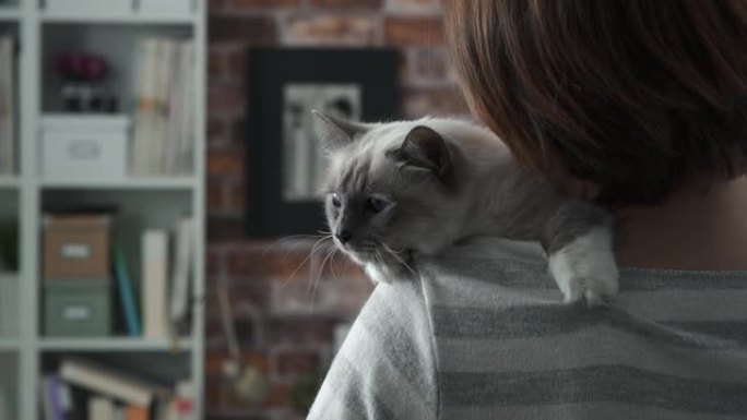 女人肩上抱着一只猫