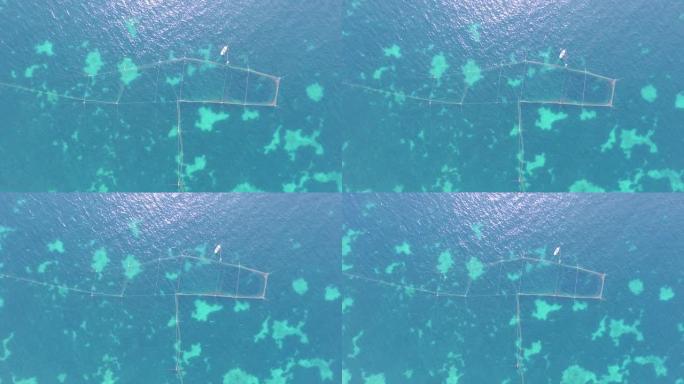 在蓝色的海和白色的小船中捕鱼的渔网。空中无人机镜头