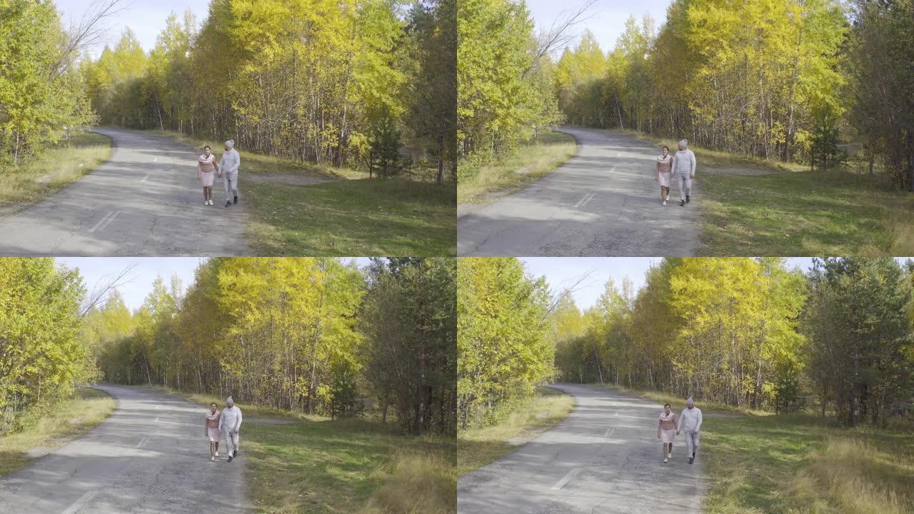 女人和一个男人沿着柏油路走过秋天的森林，俯视图