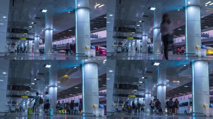 泰国曼谷-2020年1月20日: 东穆昂国际机场在外部接送平台的4k延时，出发旅行概念，运输业务。旅