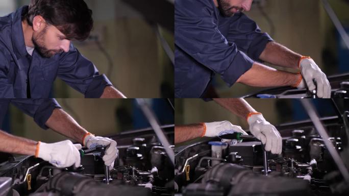 汽车机油滤清器更换期间的汽车修理工