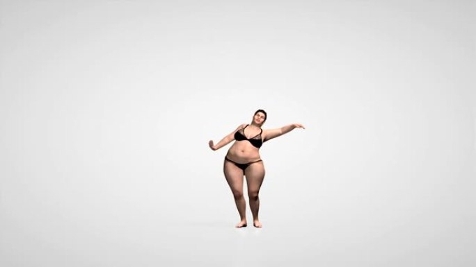 苗条的女人在跳肚皮舞时变胖，无缝循环，白色工作室