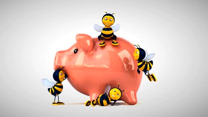 存钱罐旁边的有趣蜜蜂
