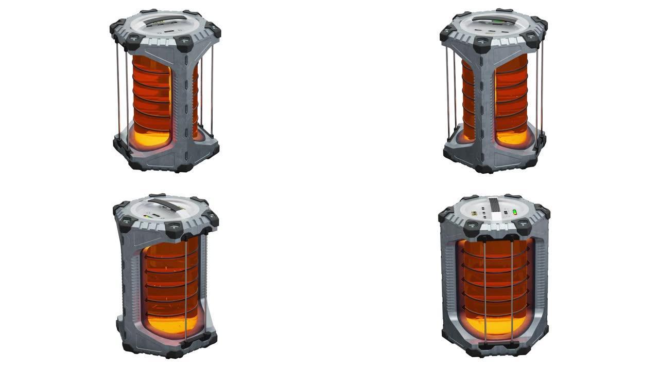 一个SciFi六角电池的特写镜头，无限旋转，带有发光的半透明橙色圆柱体