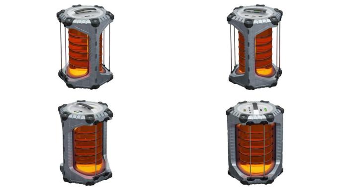 一个SciFi六角电池的特写镜头，无限旋转，带有发光的半透明橙色圆柱体