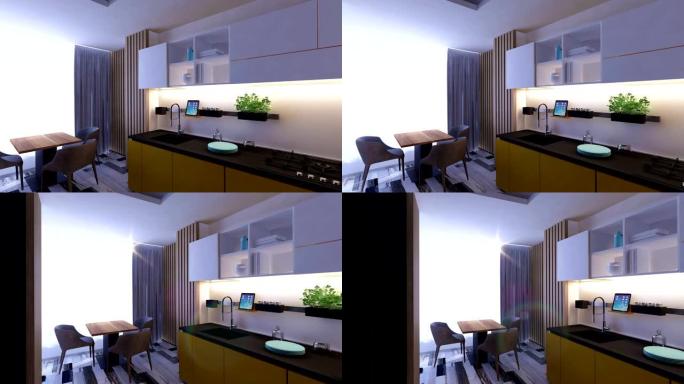3D动画图形室内设计厨房房间模糊阁楼