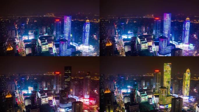 夜间照明南京市著名的市中心步行广场交通街空中延时全景4k中国