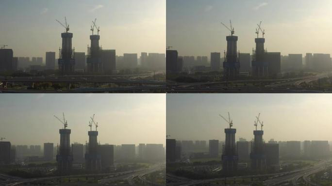 日落时间杭州城市交通路口建设建筑空中全景4k中国