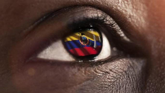 女子黑眼圈在近距离与国旗厄瓜多尔在虹膜与风的运动。视频的概念
