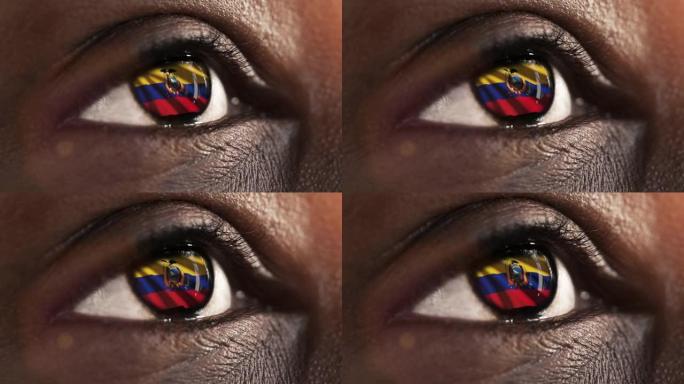 女子黑眼圈在近距离与国旗厄瓜多尔在虹膜与风的运动。视频的概念