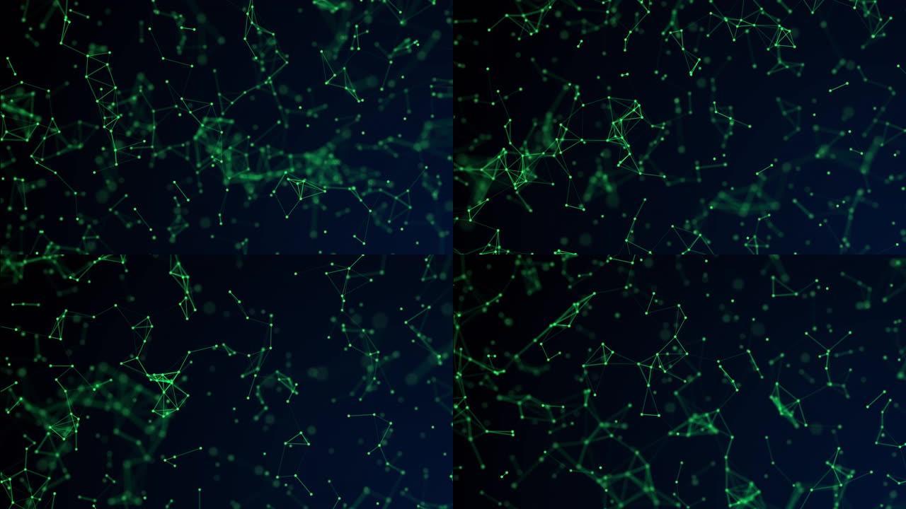 带控制论粒子、丛连接线运动的抽象绿色数字背景