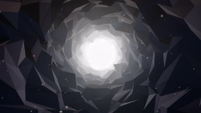 放大低聚洞隧道，发光光和尘埃颗粒抽象背景。3D渲染介绍镜头。无缝循环动画。