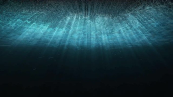 水肺潜水穿过深蓝色的水下，阳光照耀着海洋表面。3D运动渲染无缝循环动画场景。性质和背景。移动摄像机。