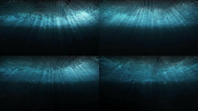 水肺潜水穿过深蓝色的水下，阳光照耀着海洋表面。3D运动渲染无缝循环动画场景。性质和背景。移动摄像机。