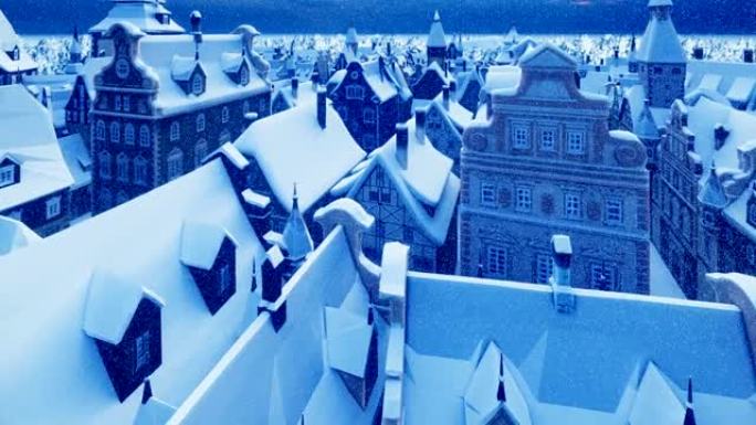 飞越一个古老的雪夜小镇。冬季的概念。