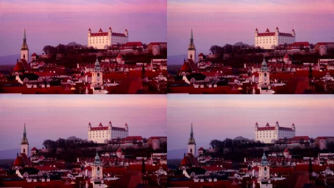 延时: 斯洛伐克日落时的布拉迪斯拉发城市景观