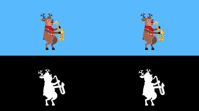 卡通圣诞鹿扁平人物音乐播放带哑光的萨克斯管动画