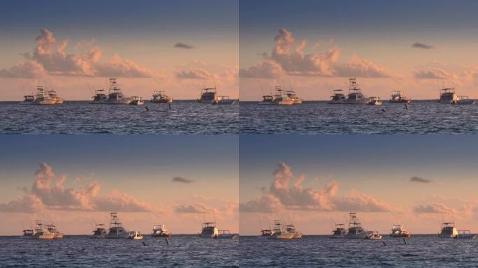 在海洋中航行双体船、帆船和快艇。加勒比海上空的日出。