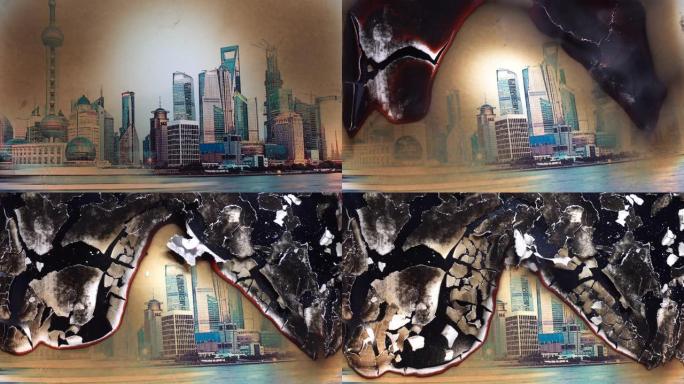 大火中的上海全景。闷烧的照片。特写。4K。