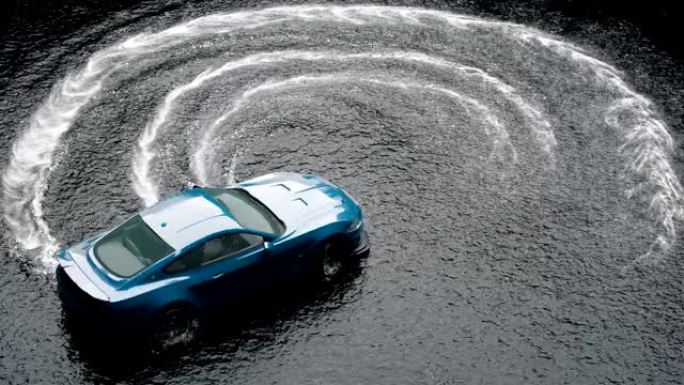 在湿沥青上的水上漂移跑车。旋转轮上的飞溅和泡沫。