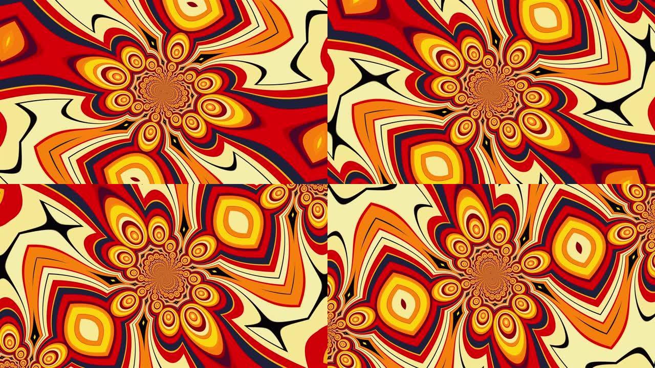 曼陀罗带有彩色条纹元素，形成花瓣和圆圈。计算机生成催眠背景的3D渲染