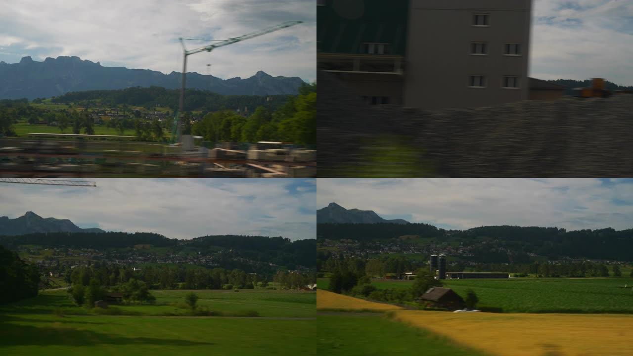 瑞士夏季景观火车公路旅行侧窗全景4k瑞士