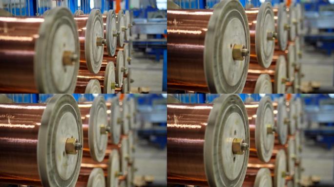工厂工业机器上的线圈上的铜线缠绕。