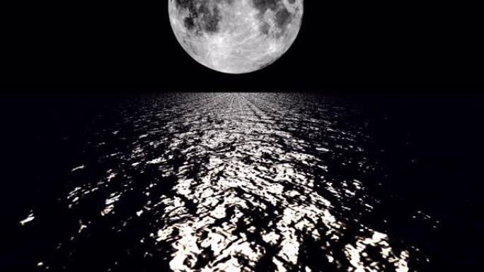 白色的月亮在夜晚在海洋上缓慢落下