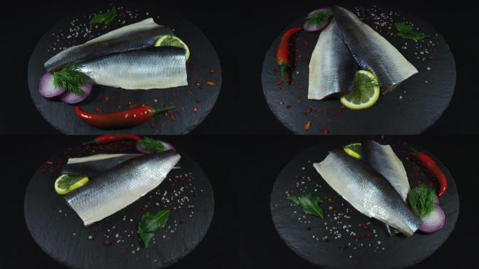 鱼片鲱鱼和香料黑色背景，旋转360度顶视图