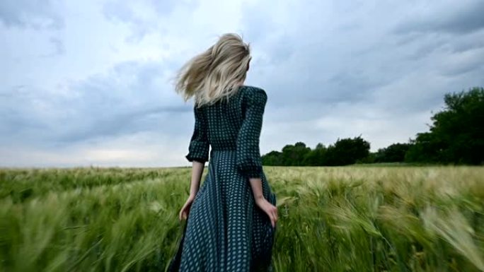 年轻快乐的金发女孩在傍晚的雨中天空背景下在绿色的麦田上奔跑。从后面看