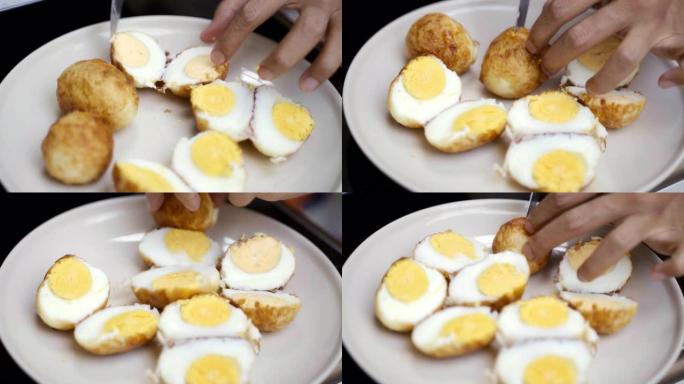 用罗望子酱或糖醋蛋 (Son In Law Eggs) 制成的煎煮蛋是泰国著名的食物。热锅里的鸡蛋。
