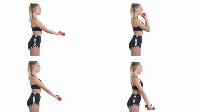 一名职业运动女子的侧视图，手拿着哑铃，用哑铃训练二头肌。健身概念。