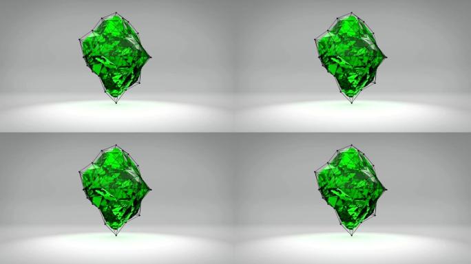 3D动画。将球体形状变形为混沌金属丝网的抽象动画。一个抽象的绿色人物，像一个真实的心。