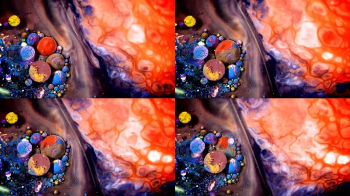 抽象彩色丙烯酸和食品漆气泡在水上