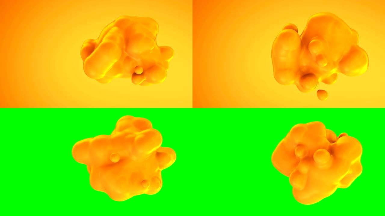 橙色光泽液体分子融合成单一形状。非晶有机渲染斑点动画。