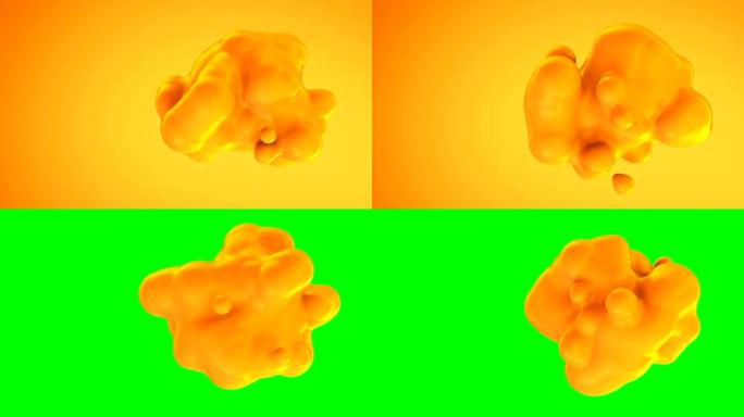 橙色光泽液体分子融合成单一形状。非晶有机渲染斑点动画。