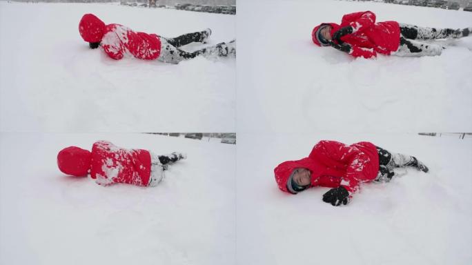 亚洲女子在雪地打滚