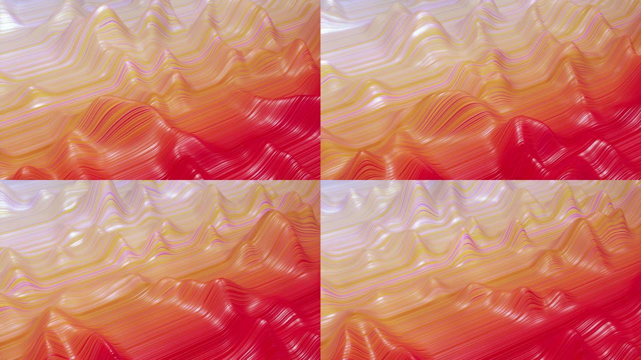 表面波浪的美丽抽象背景，红色黄色渐变，挤压线条作为条纹织物表面，在液体上有褶皱或波浪。4k环路。10