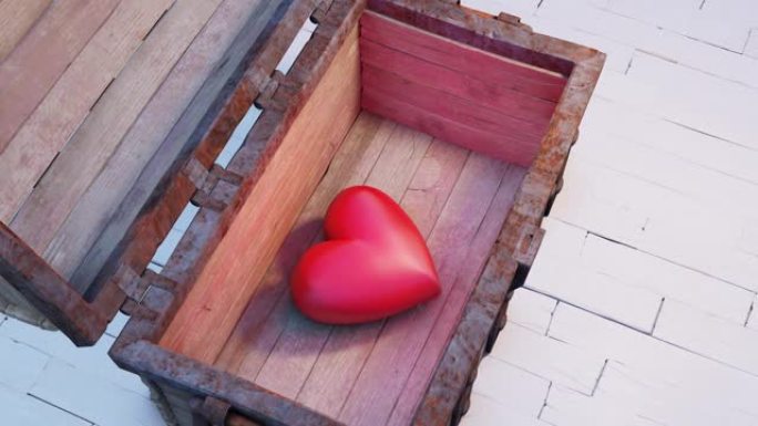 木头和生锈的金属箱子放在旧地板上，该地板在一个非常大而胖乎乎的红色心脏上打开