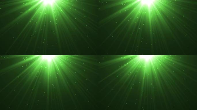 4k绿色天堂灯从上面柔和的光学镜头耀斑闪亮的动画艺术背景动画。运动图形自然照明与闪烁的星星效果丰富多