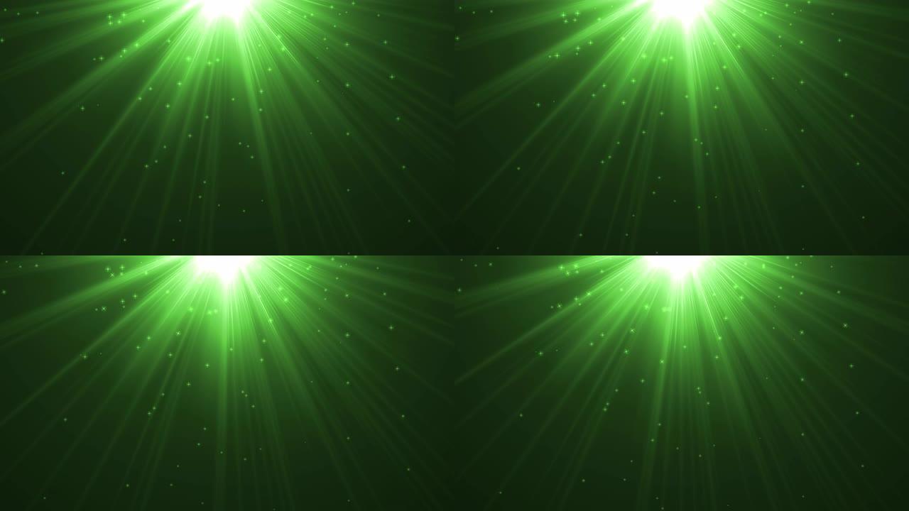4k绿色天堂灯从上面柔和的光学镜头耀斑闪亮的动画艺术背景动画。运动图形自然照明与闪烁的星星效果丰富多