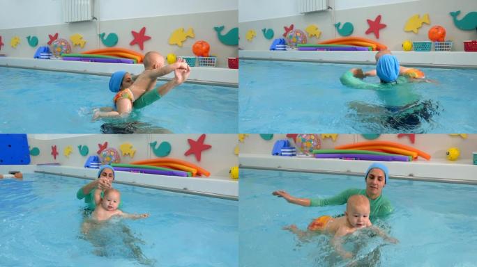 一名女教练在儿童游泳池的水中与婴儿进行体育锻炼。她把孩子抱在怀里。他们玩耍和大笑。婴儿游泳。特写