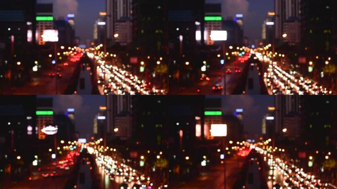 Bokeh抽象模糊背景节日交通黄色橙色绿色红色灯光汽车在道路上闪闪发光的圆形动画运动3D。现代城市中
