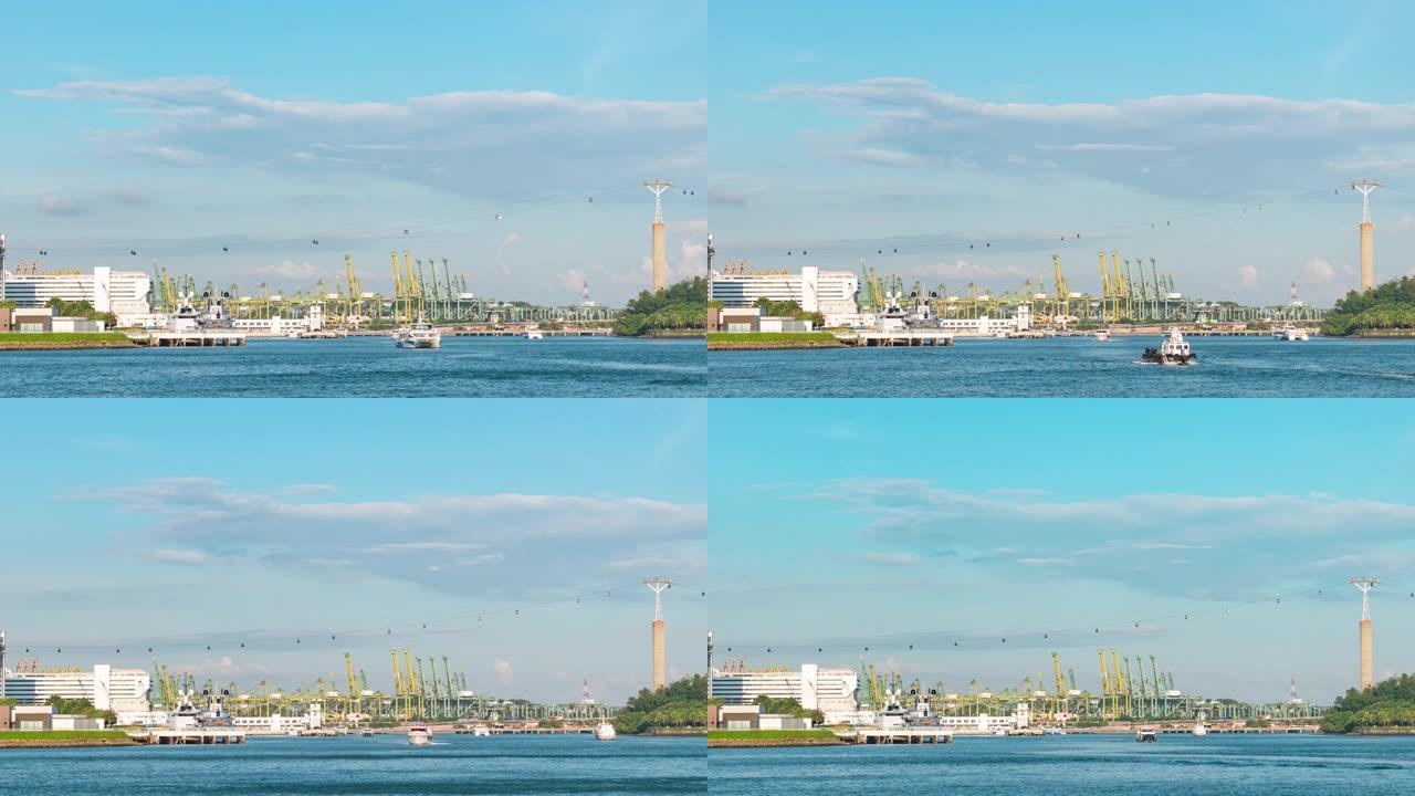 圣淘沙港和工业港口的水上交通和起重机背景，延时视频