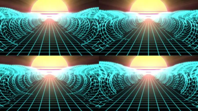 合成波复古线框网格海洋潮汐波和80年代太阳-4k无缝循环运动背景动画