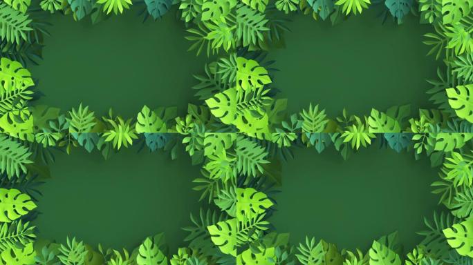 3d渲染，抽象纸热带棕榈叶在绿色背景上孤立挥舞，植物壁纸无缝动画，循环现场图像，丛林自然运动设计，框