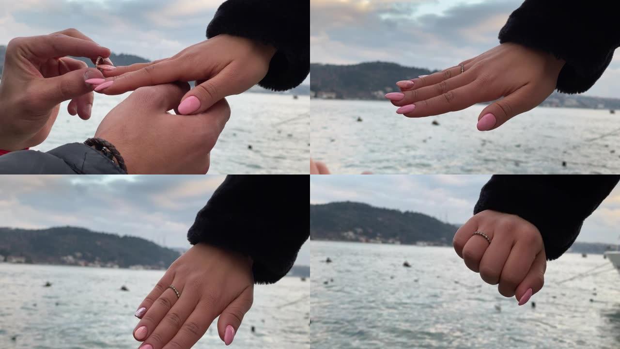 海滩上的求婚和戒指仪式。用于情人节